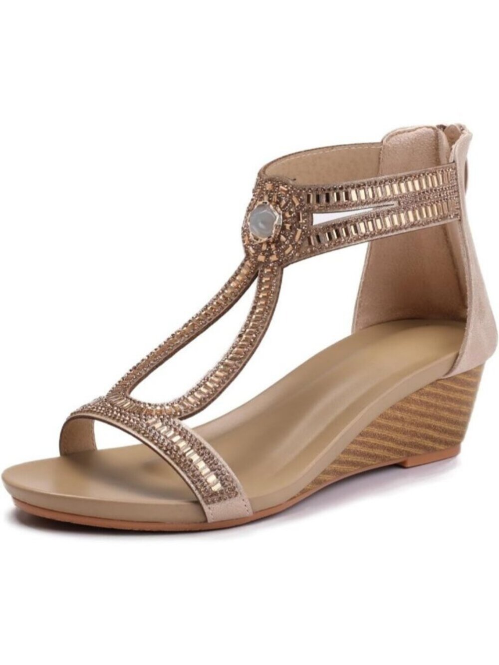 Women's 1304 Gold Slide Wedge Sandal Open Toe High Heel Zipper Back Platform